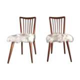 Pair of vintage Scandinavian Hygge chairs in solid wood and synthetic Mongolian sheepskin seat