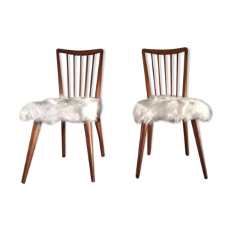 Pair of vintage Scandinavian Hygge chairs in solid wood and synthetic Mongolian sheepskin seat