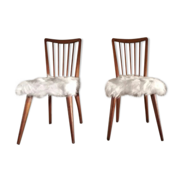 Pair of vintage Scandinavian Hygge chairs in solid wood and synthetic Mongolian sheepskin seat