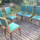 Suite de 6 chaises vintage bois et simili cuir vert