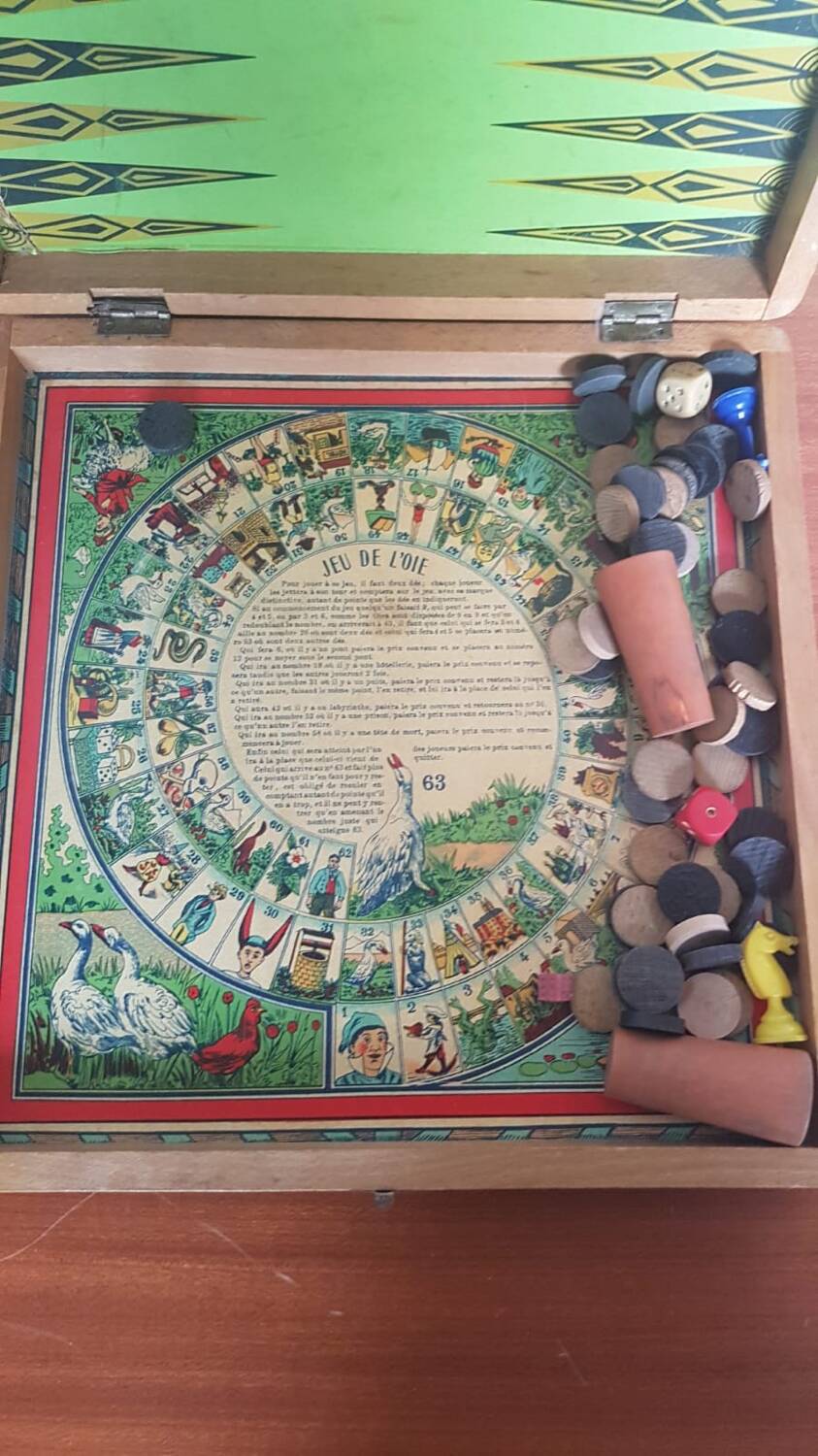 Ancien Plateau De Jeu De L’Oie Dames Petits Chevaux En Bois Vintage #A690