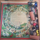 Old Goose Game Board Checkers Little Horses Vintage Wooden #A690