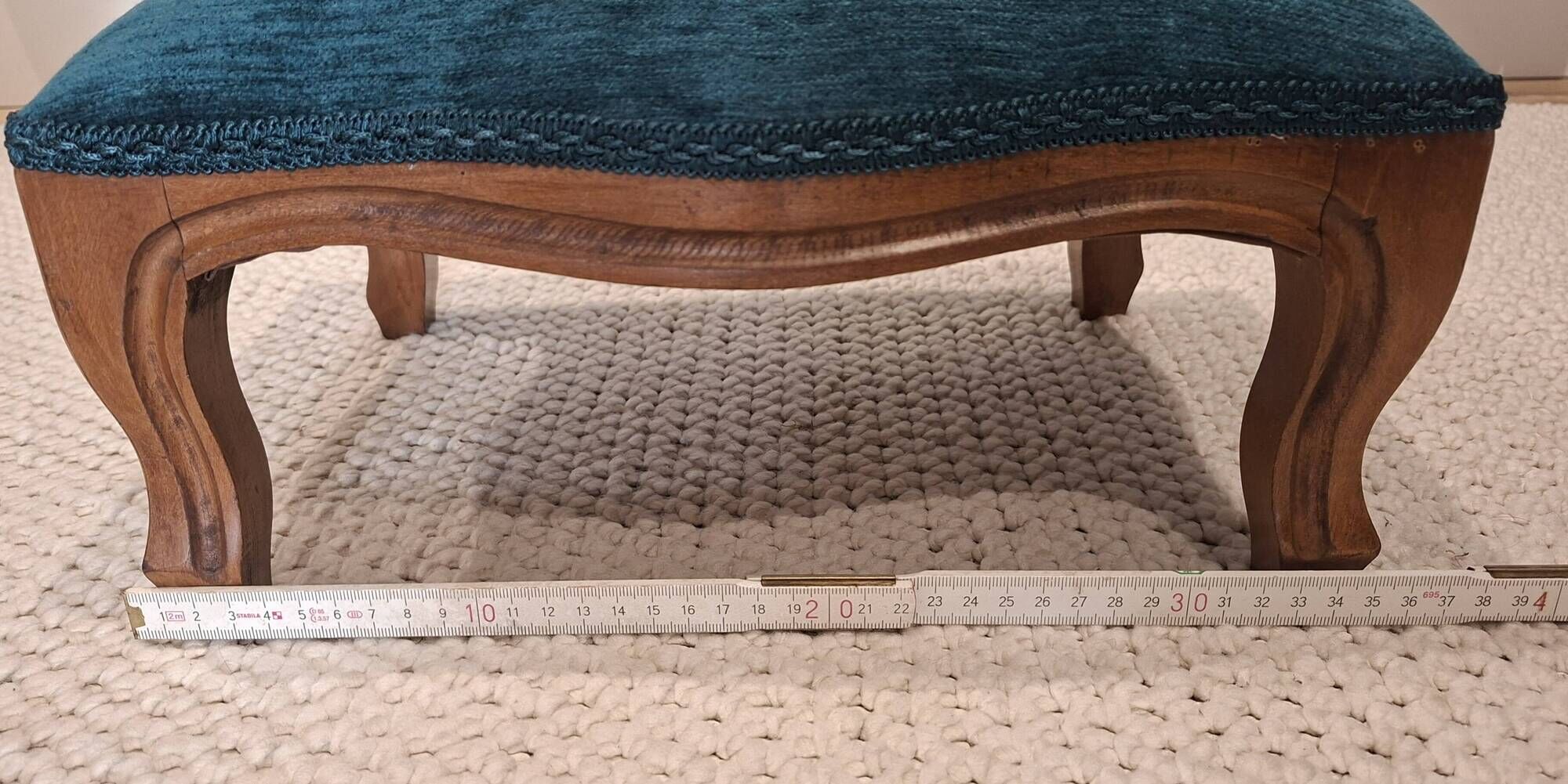 Louis XV footrest – duck blue velvet – fully reupholstered