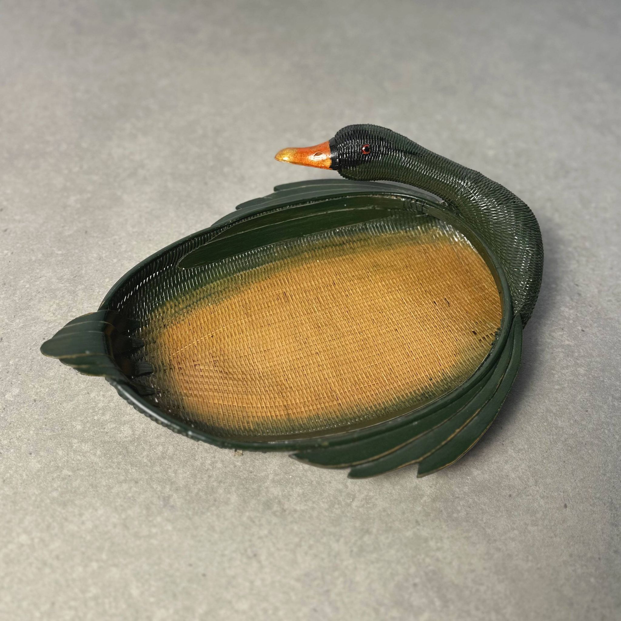 Vintage “Shanghai Weave” Duck Tray, Green Wicker & Carved Wood, 1970s