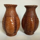 Pair of small woven vases in wicker rattan straw