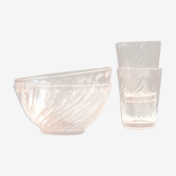 2 bowls and 2 glasses of Water Luminarc, Arcoroc model Rosaline / Pink Depression Glass / 60s 70s