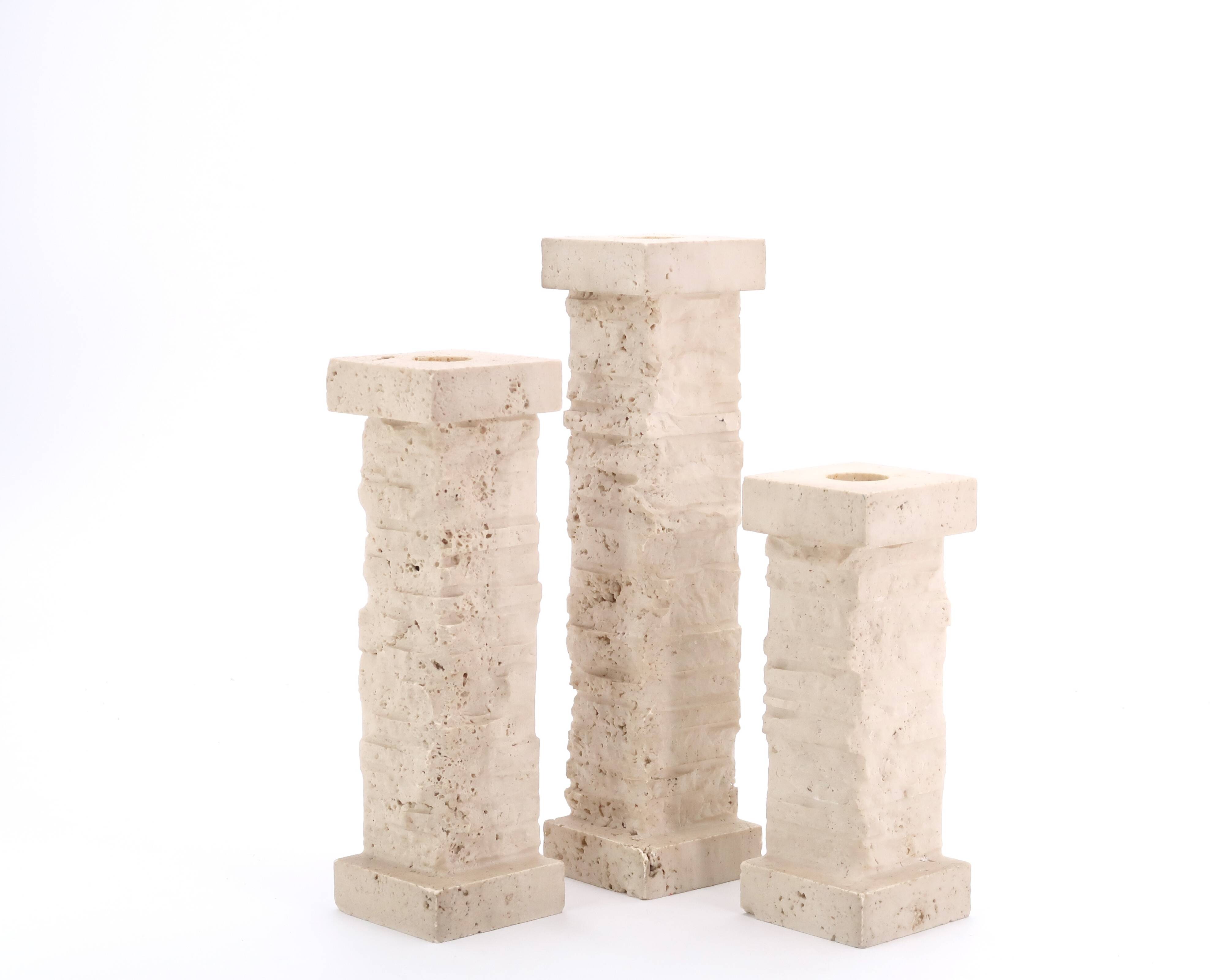 Set of 3 travertine column candle holders Marble Art Marta