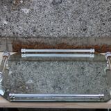 Vintage mirrored tray with glass and metal handles – H5 × W39 × D30 cm