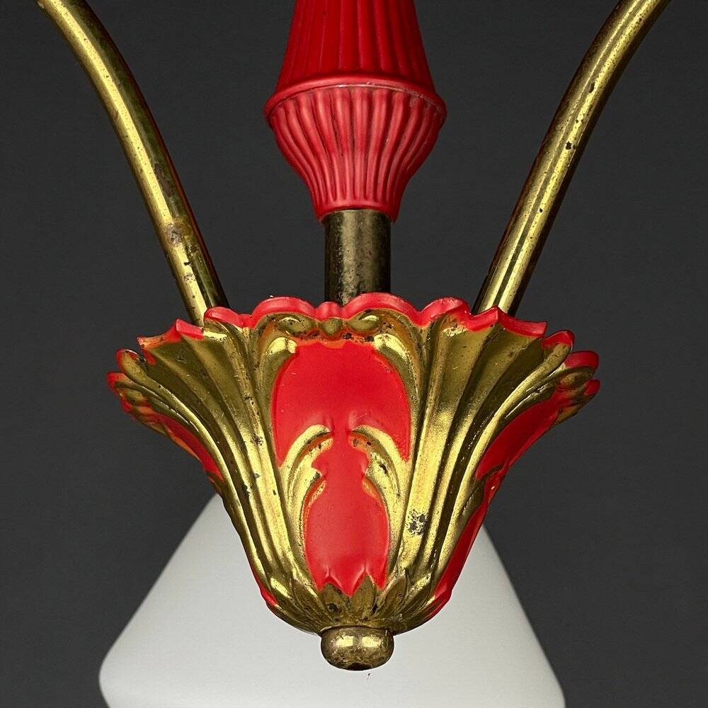 Italian vintage chandelier in brass and milky glass with 3 arms, 1950s.