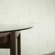 Unique hexagonal table 1977, smoked glass and oak, Swiss made.