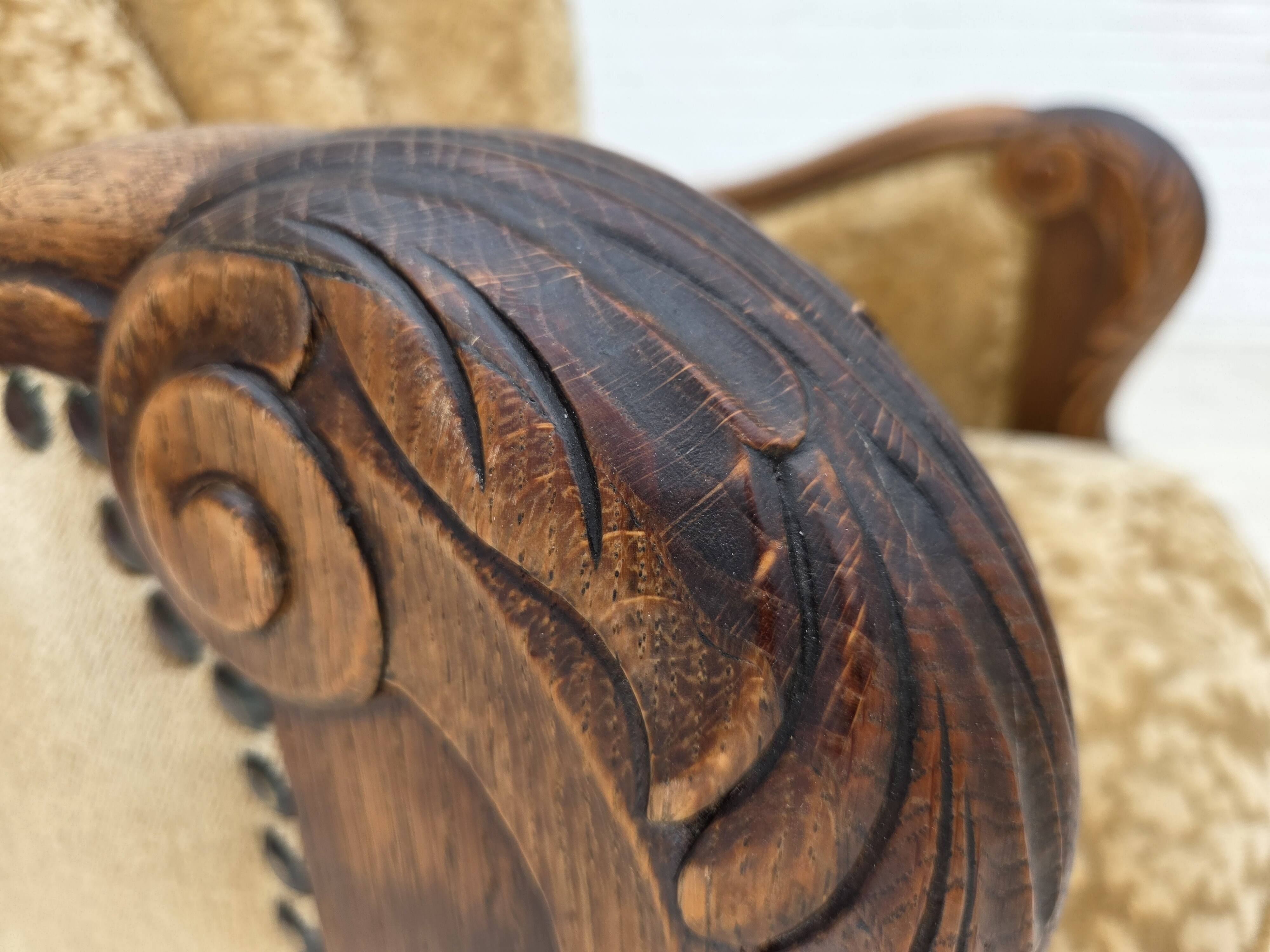 1950s, Danish relax armchair, furniture velour, carved oak wood.
