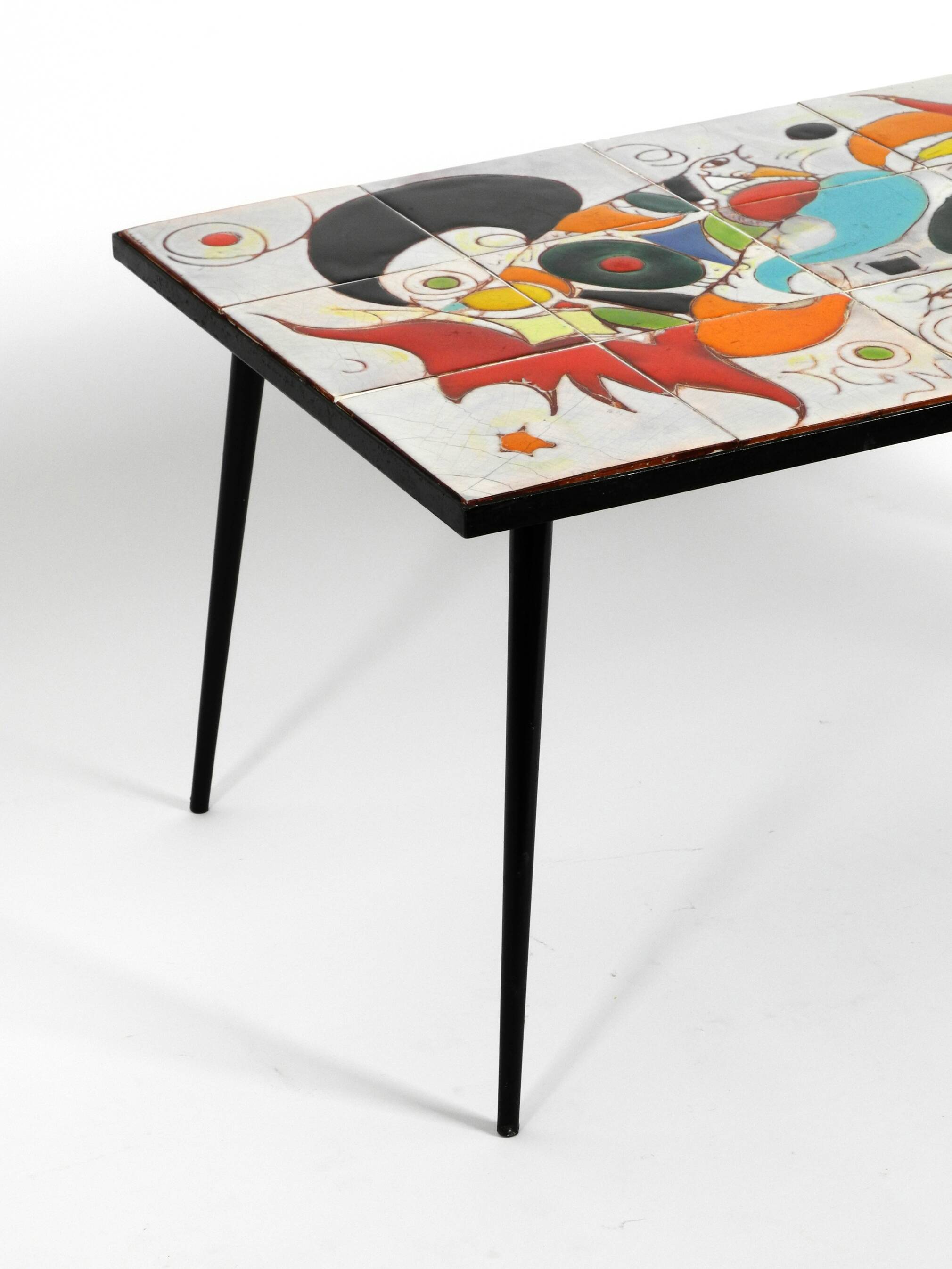 Mid Century Italian Modern Iron Table with Tiled Top and Abstract Motif