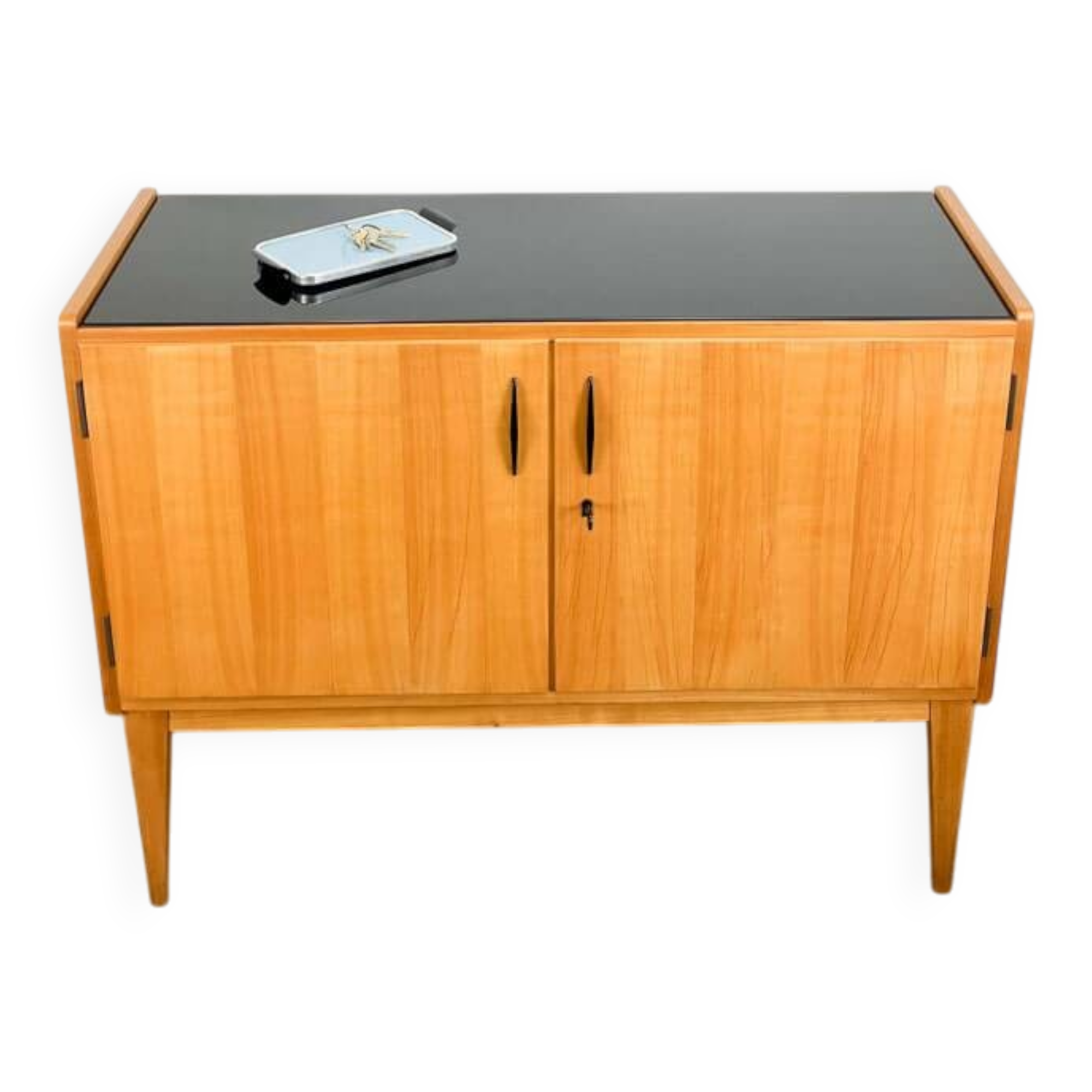 Small sideboard, WK Möbel, light coloured veneer with black glass top, 50s