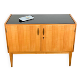 Small sideboard, WK Möbel, light coloured veneer with black glass top, 50s