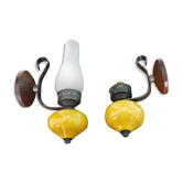 2 Brass wall appliques, wood, enamelled porcelain, iron (1 missing day offal) - 60s/70s