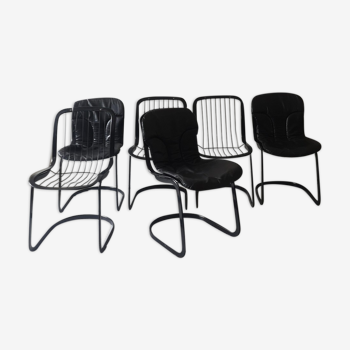 Lot de chaises metal et cuir noir 1970