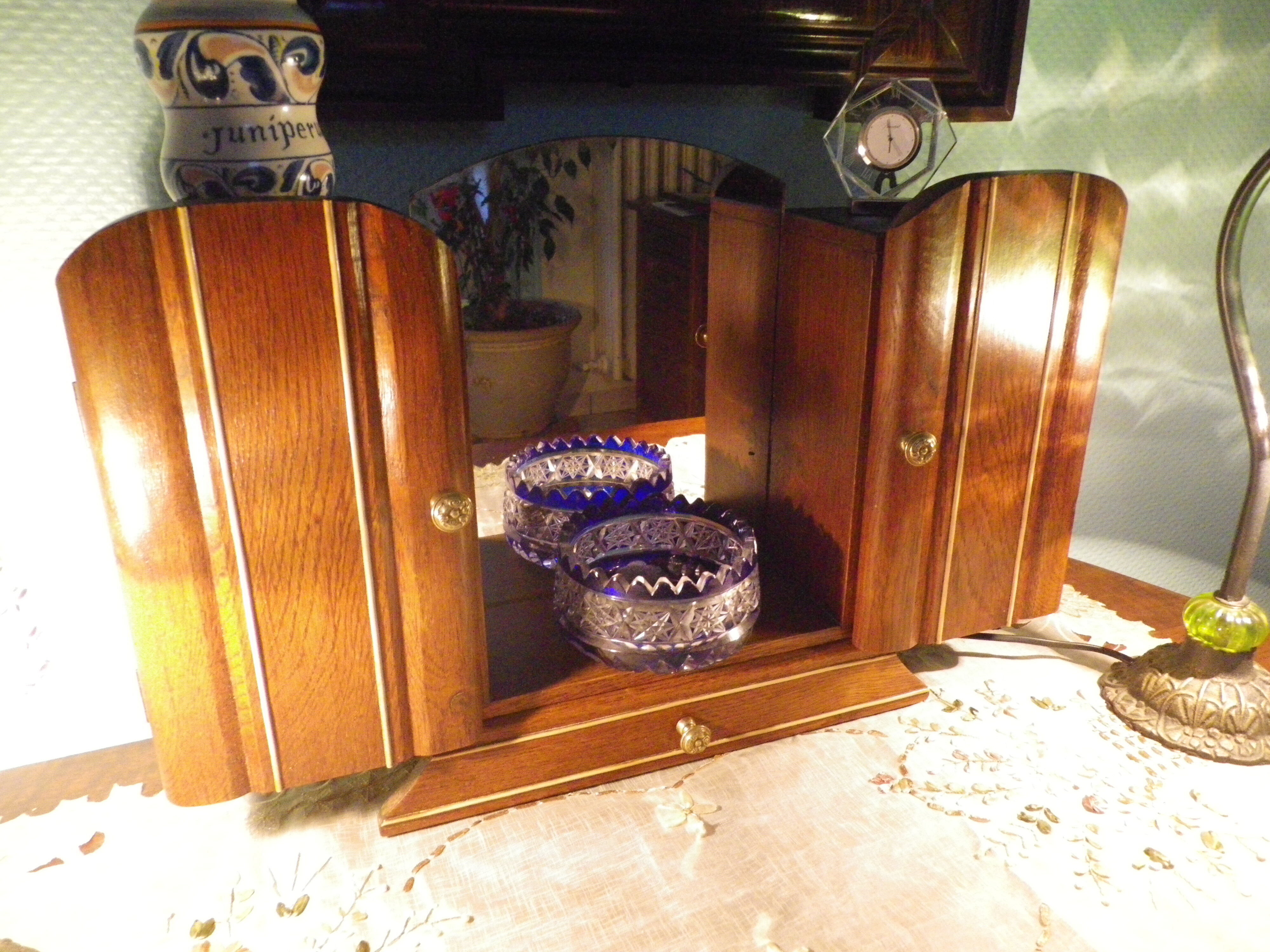 Art Deco extra furniture 1920/1940 to install or fix, wooden, central mirror, 2 doors, 1 drawer