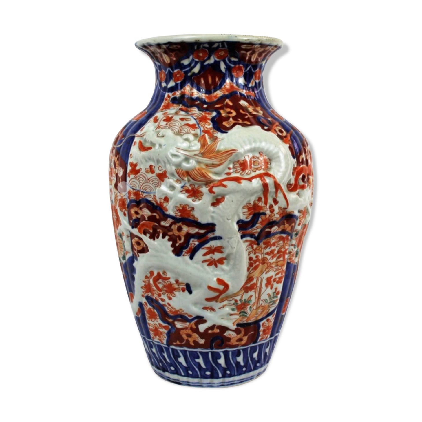 19th century Imari porcelain baluster vase with dragon relief decoration