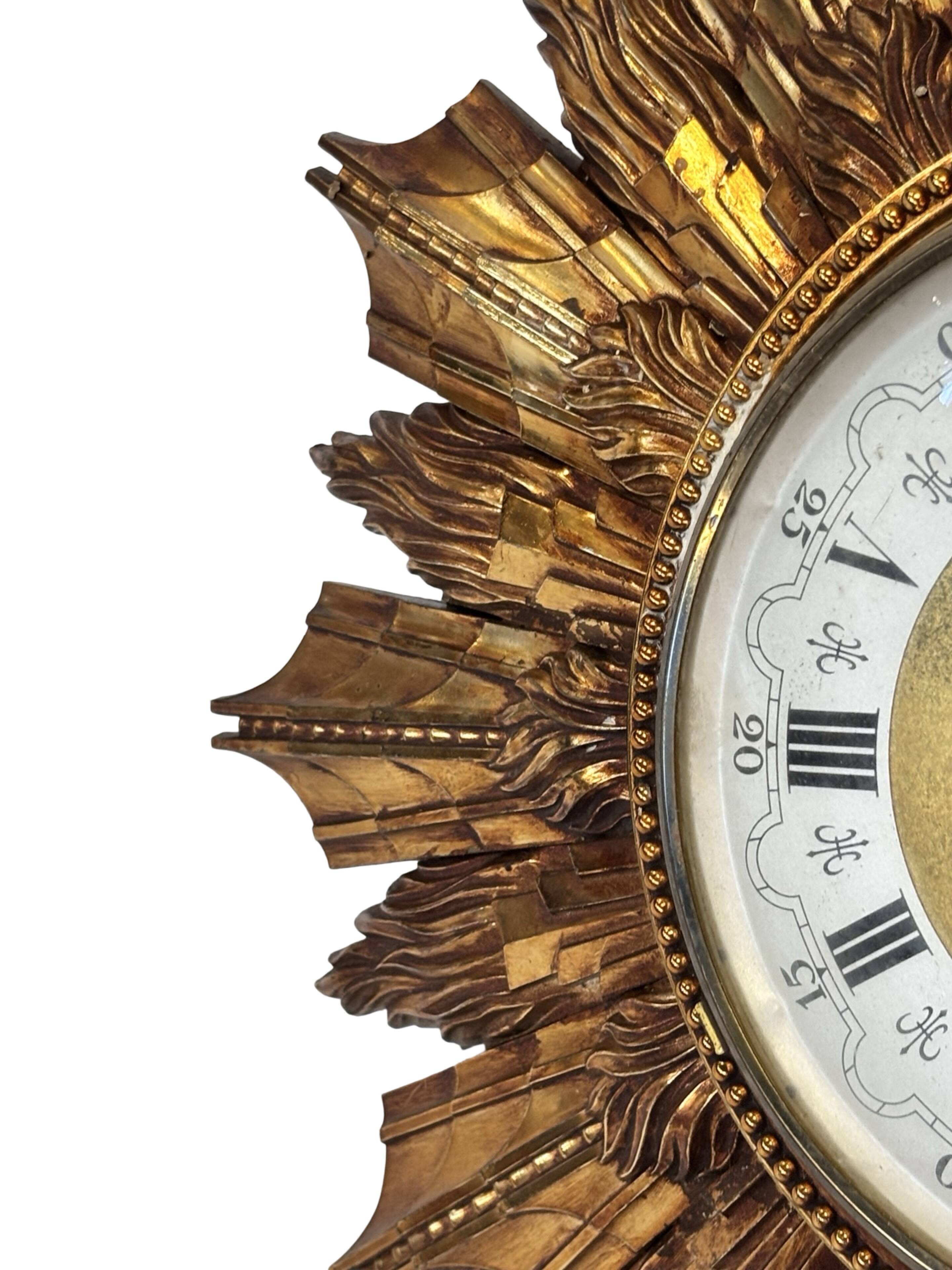 Vintage Hollywood Regency Goldleaf Sunburst Clock