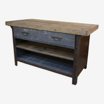 Old workshop workbench furniture with 2 drawers metal and wood around 1930