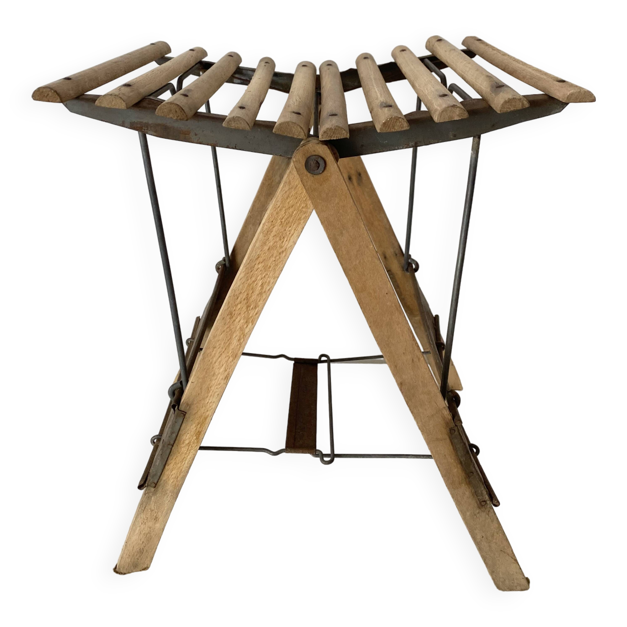 Antique folding stool with slats, plant holder