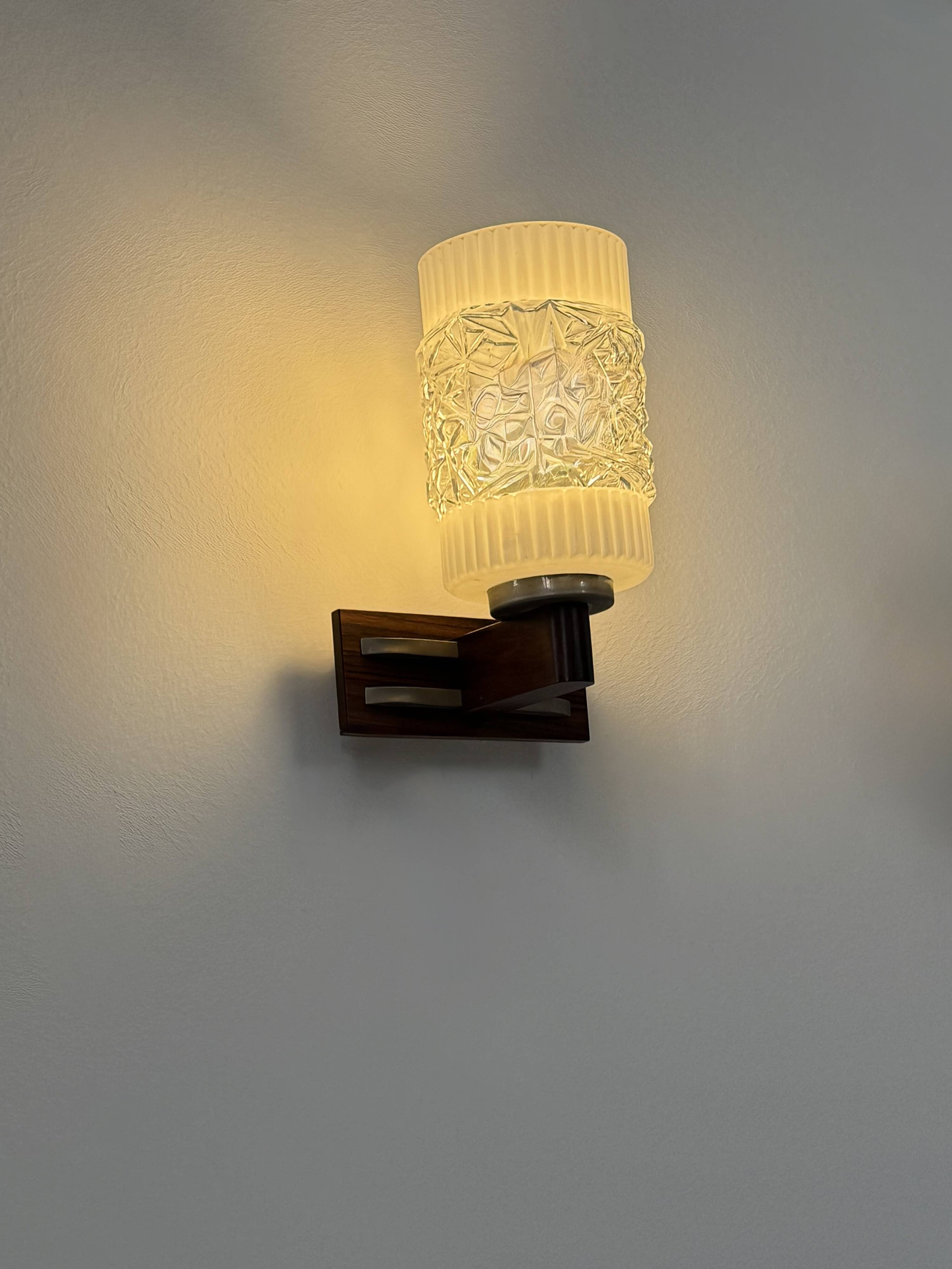 Pair of vintage wall lights, chrome, rosewood and pressed moulded glass, France