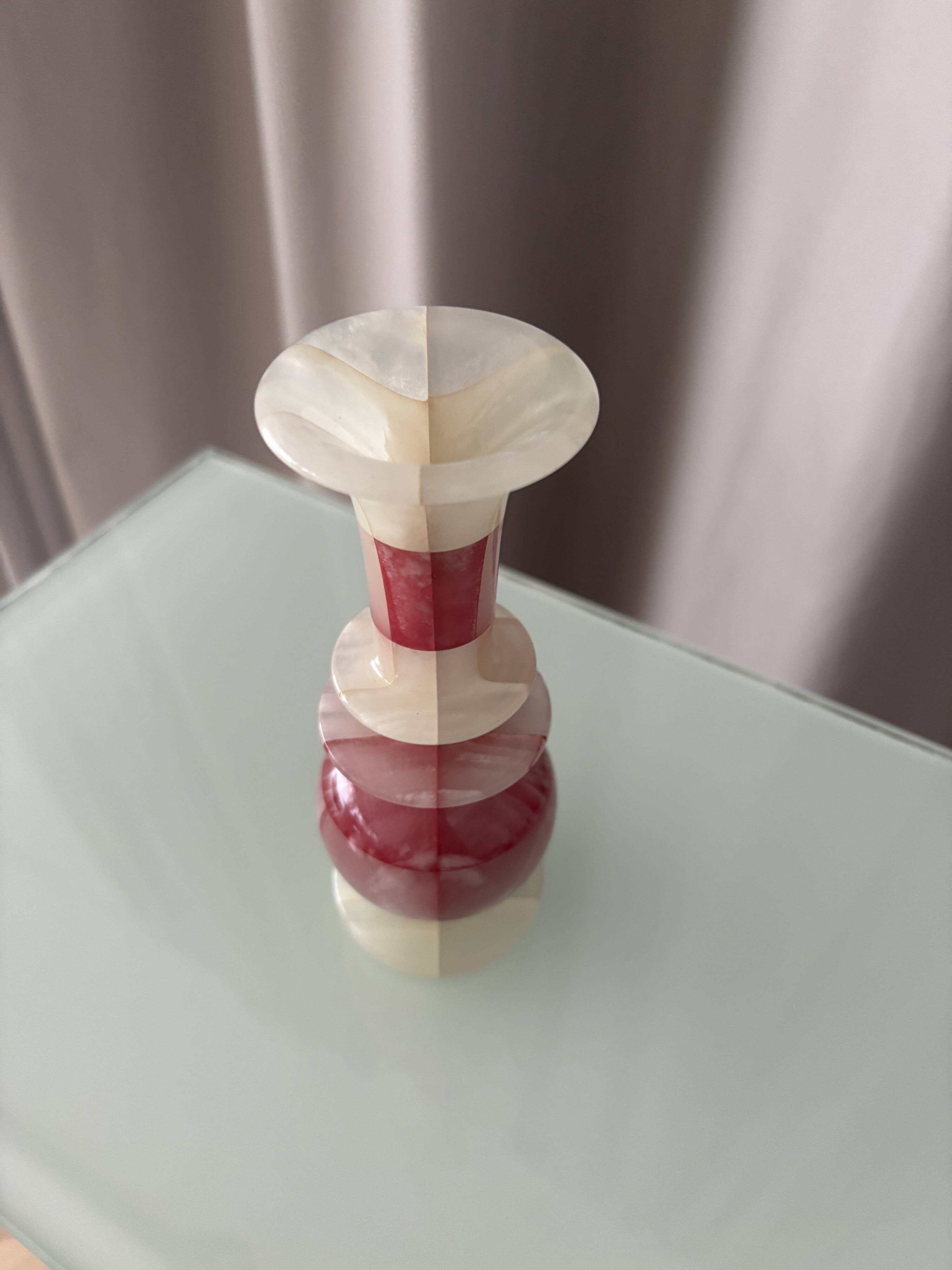 Vintage Patchwork Onyx Vase – Pink & White Stone, Handcrafted (ca. 1970s)