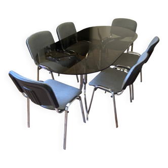 Roche Bobois table and its 6 chairs. 1970. 180x90.