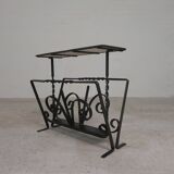 Vintage newspaper rack, magazine rack, table with 3 tiles