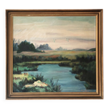 Large Original Vintage River Landscape Oil Painting, circa 1960