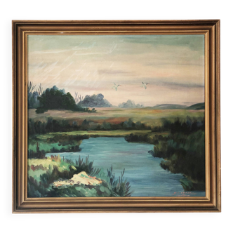 Large Original Vintage River Landscape Oil Painting, circa 1960