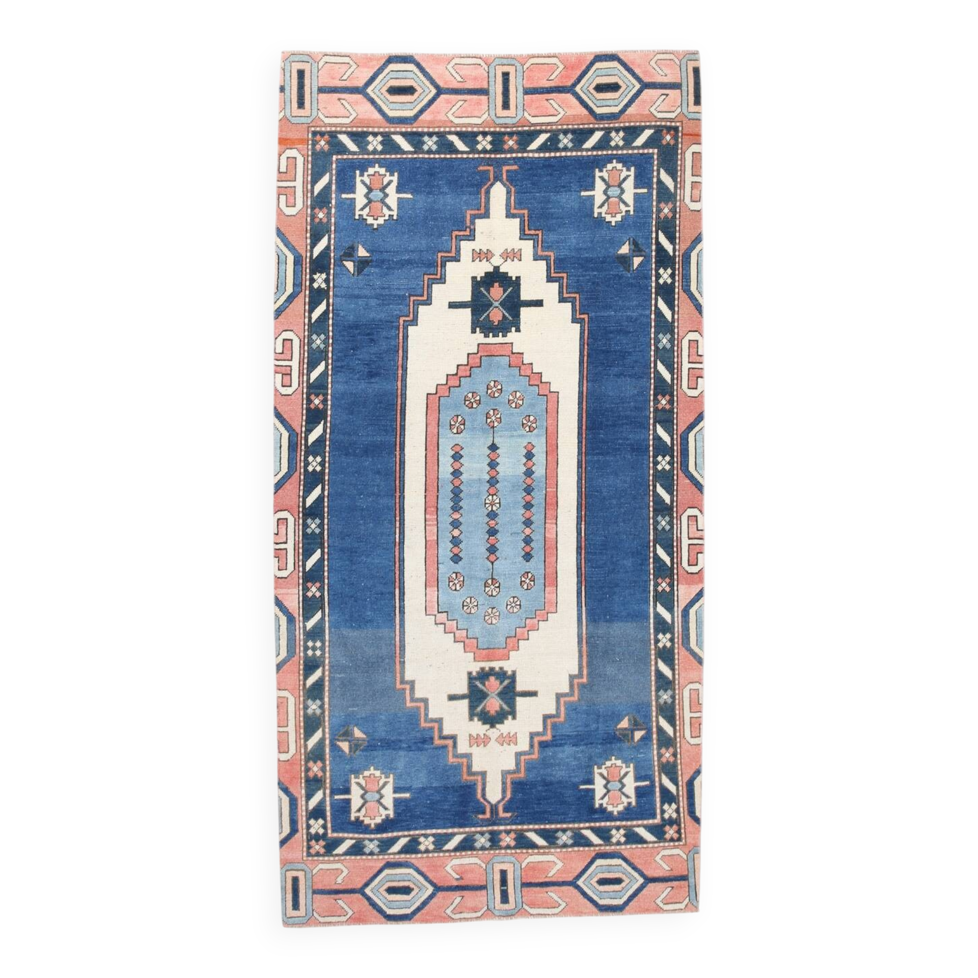 Tapis Vintage Géométrique Bleu et Rose Fait Main – Style Oriental,128x265Cm