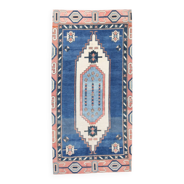 Tapis Vintage Géométrique Bleu et Rose Fait Main – Style Oriental,128x265Cm