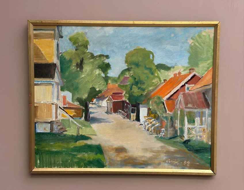 Original Swedish Oil On Canvas – Street With Houses And Trees By Ulfe – Dated 1982 – Vintage & Framed