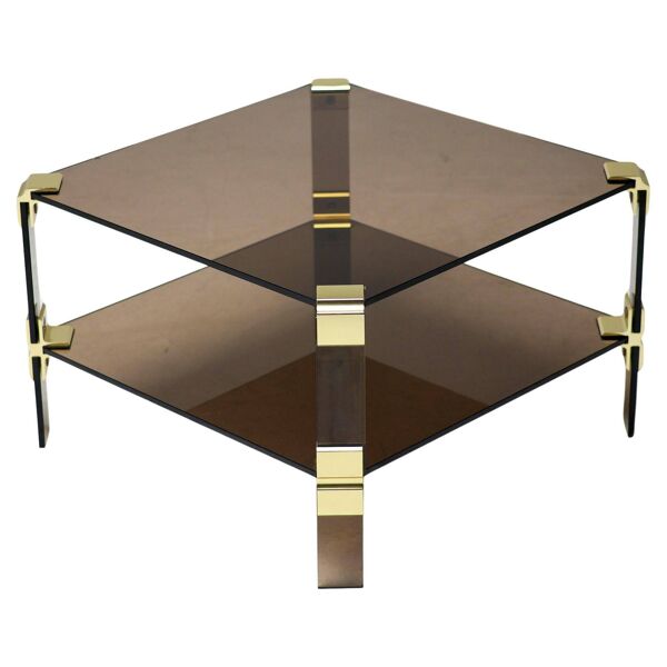 Table basse Hollywood Regency en laiton et verre fumé table basse chique à deux niveaux