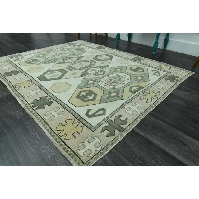 1970s vintage Turkish Oushak handmade wool cotton green area rug 164x207