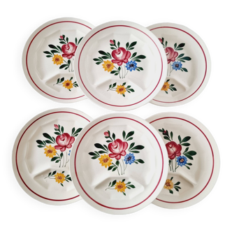 Lot de 6 assiettes vintage modèle Sarreguemines Chatenois vintage compartimentées à décor