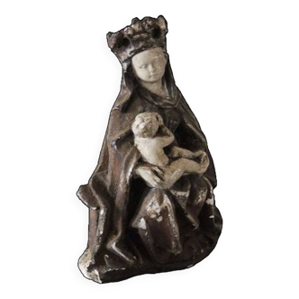 Ancienne Statuette en Plâtre : Vierge à L'Enfant Assise