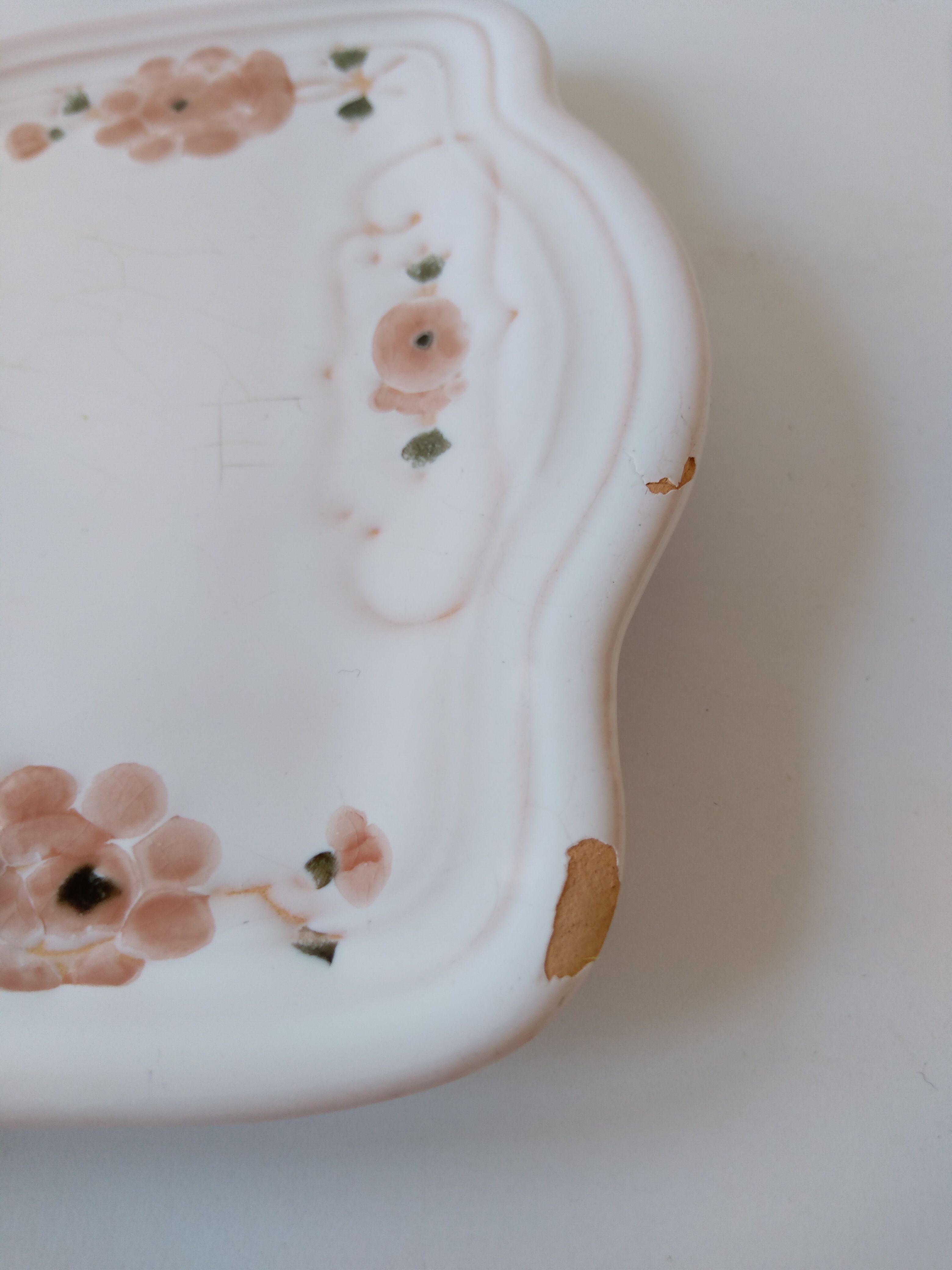 Antique dish in white ceramic and pink spring flowers Niderviller France