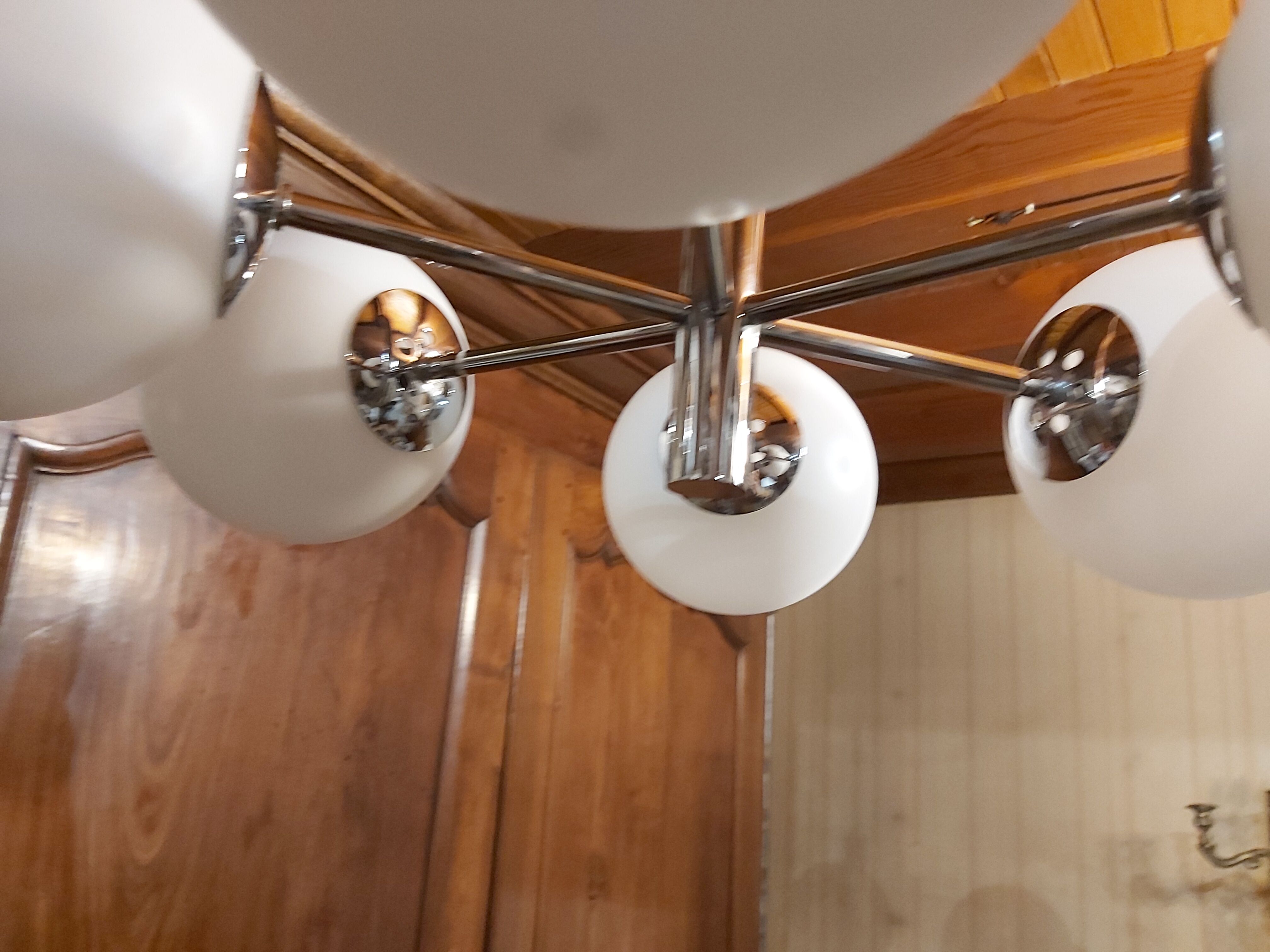 Chrome Sputnik chandelier and white frosted glass globes