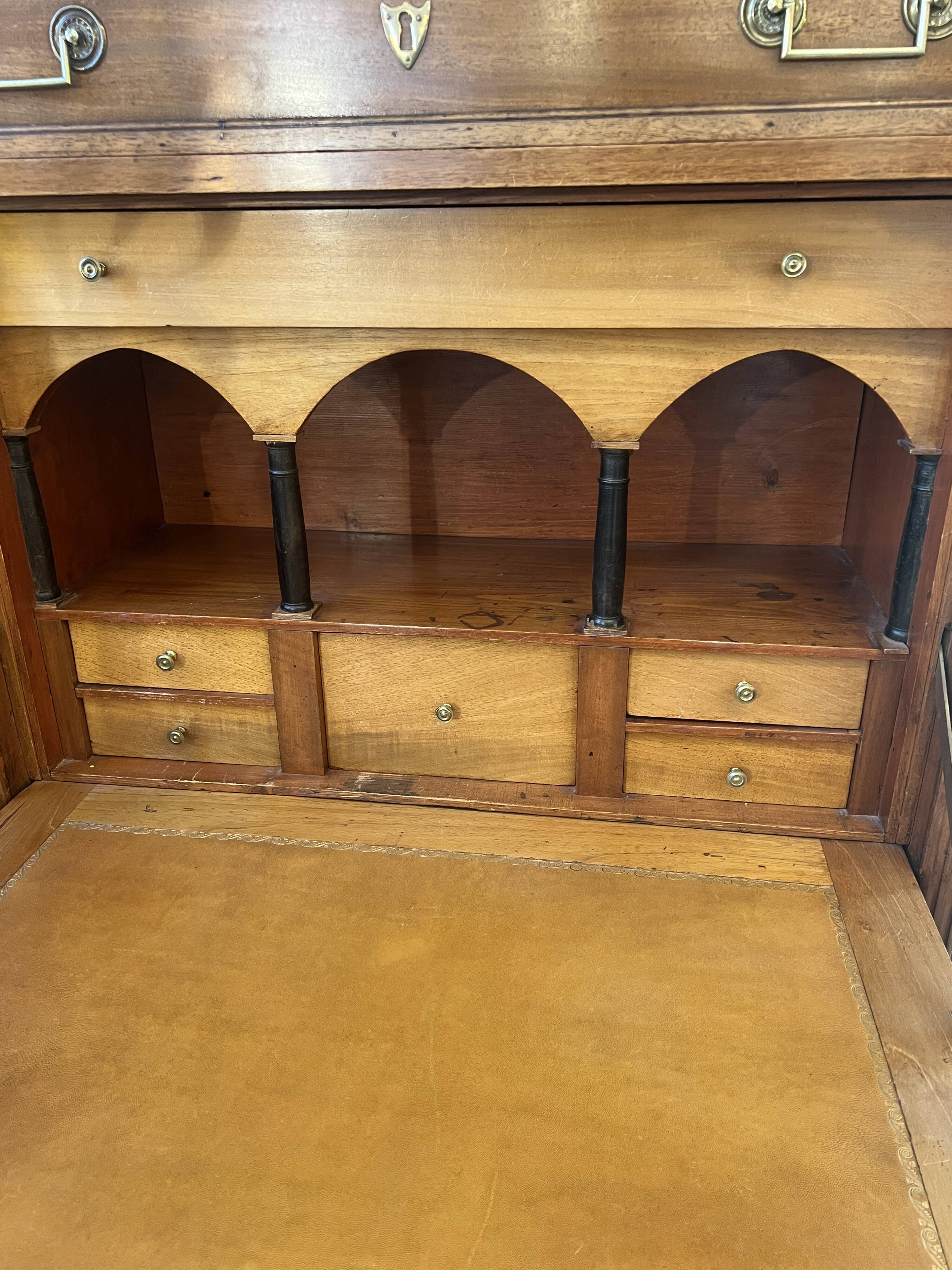 Louis XVI period mahogany secretary, white marble top, clover lock