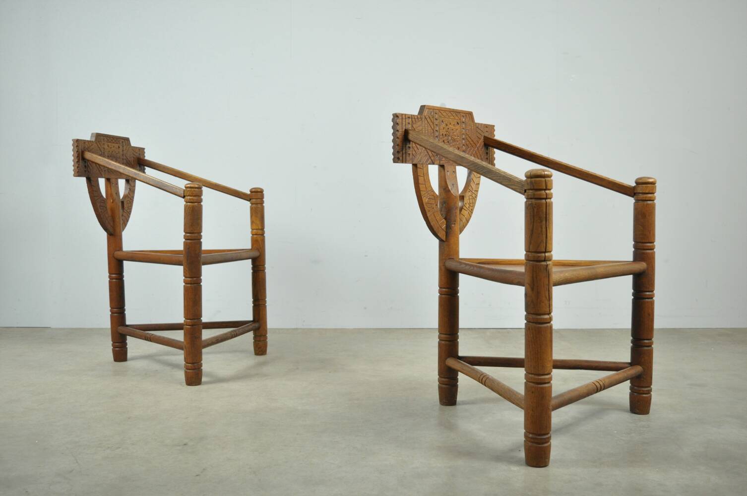 Pair of vintage antique Scandinavian oak Monk chairs, Sweden 1950s