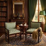 Coppia di Poltroncine Vintage Anni '70 in Mogano e Pregiata Seta di San Leu