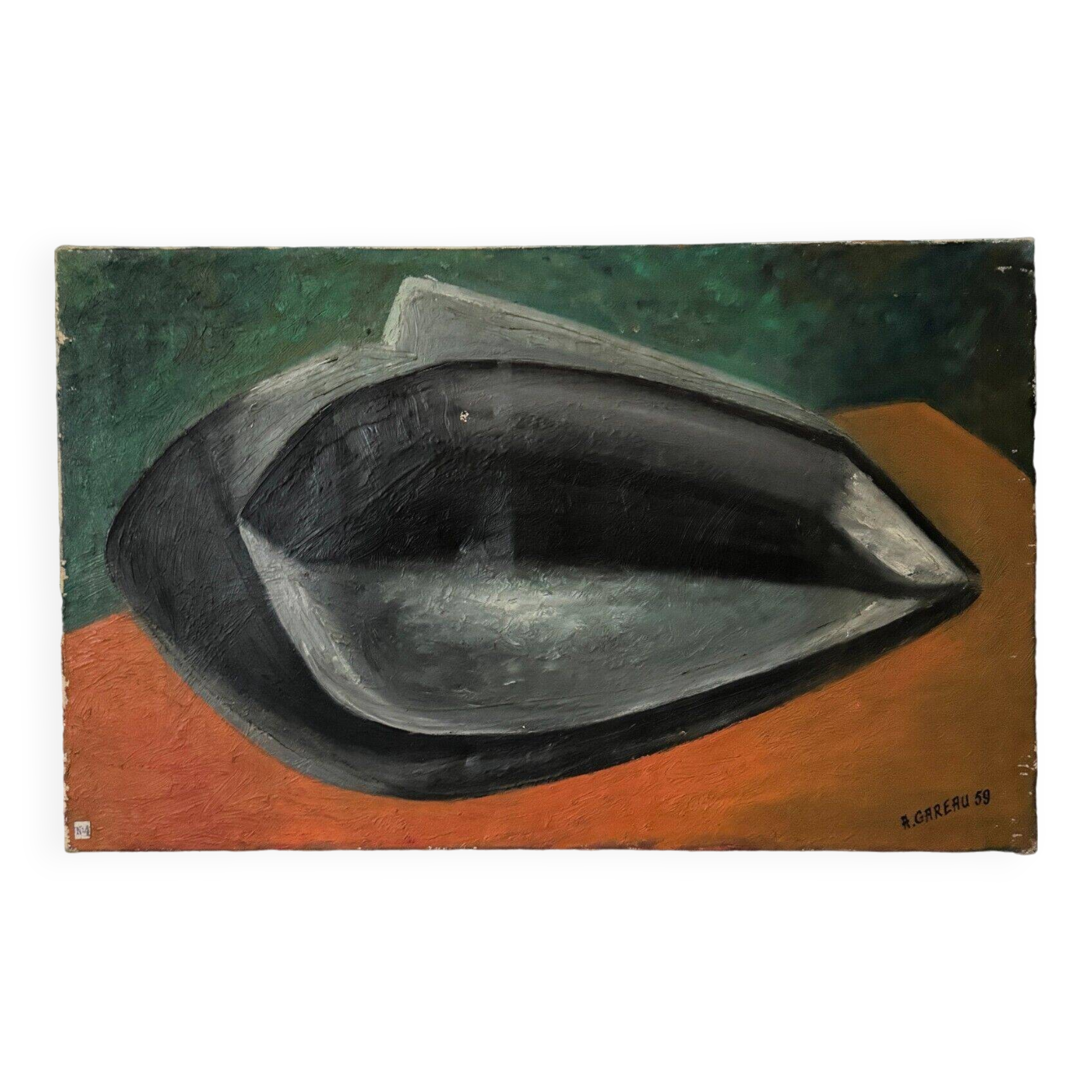 Oil on canvas by A. Gareau 1959 still life with ceramics