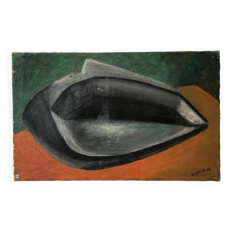 Oil on canvas by A. Gareau 1959 still life with ceramics