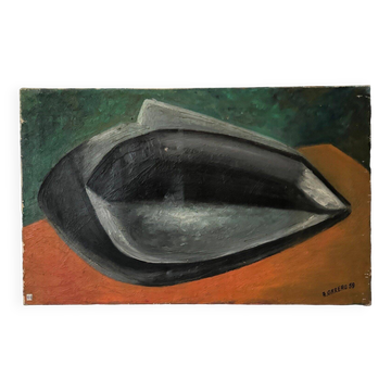 Oil on canvas by A. Gareau 1959 still life with ceramics