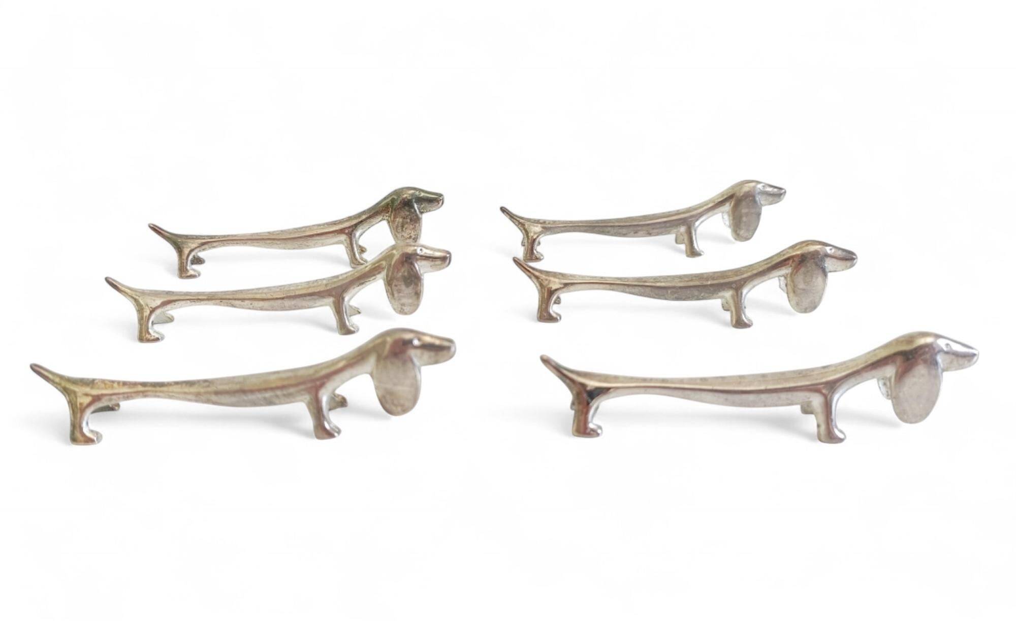 Vintage Knife Rests, Set of Six Silver Plated Dachshund Dogs, Italy, 20th-C