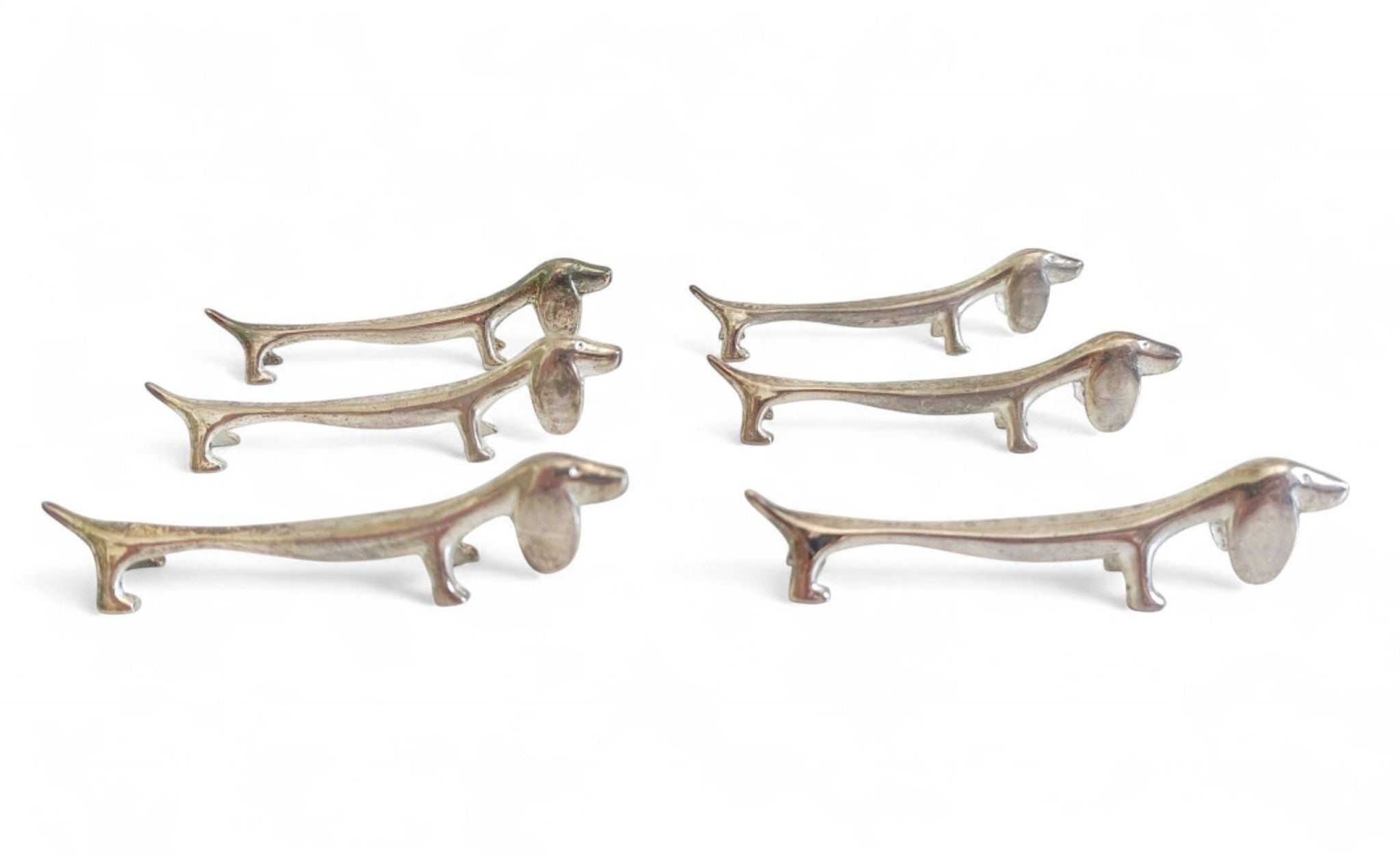 Vintage Knife Rests, Set of Six Silver Plated Dachshund Dogs, Italy, 20th-C