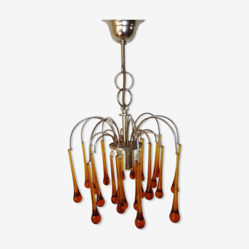Suspension chrome drop Murano chandelier amber 1960