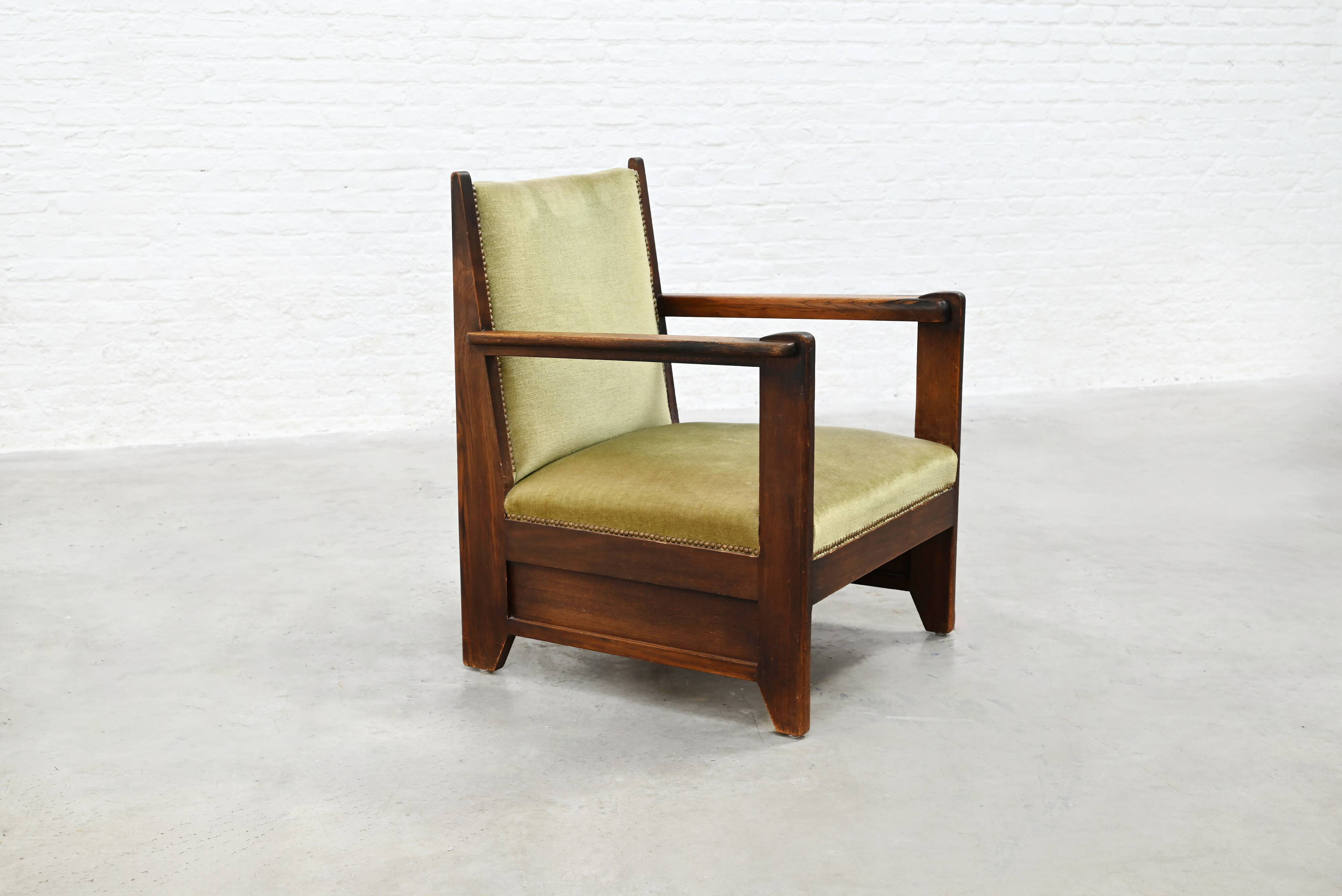 Hague School Sculptural Armchair, Stained Oak, The Netherlands, 1920s